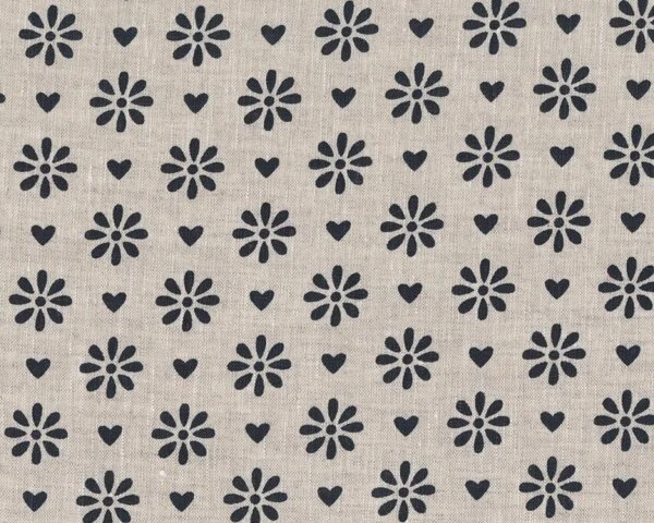 Leinenstoff "Chalet de Alpes" mit Blumen und kleinen Herzen, natur-schwarz