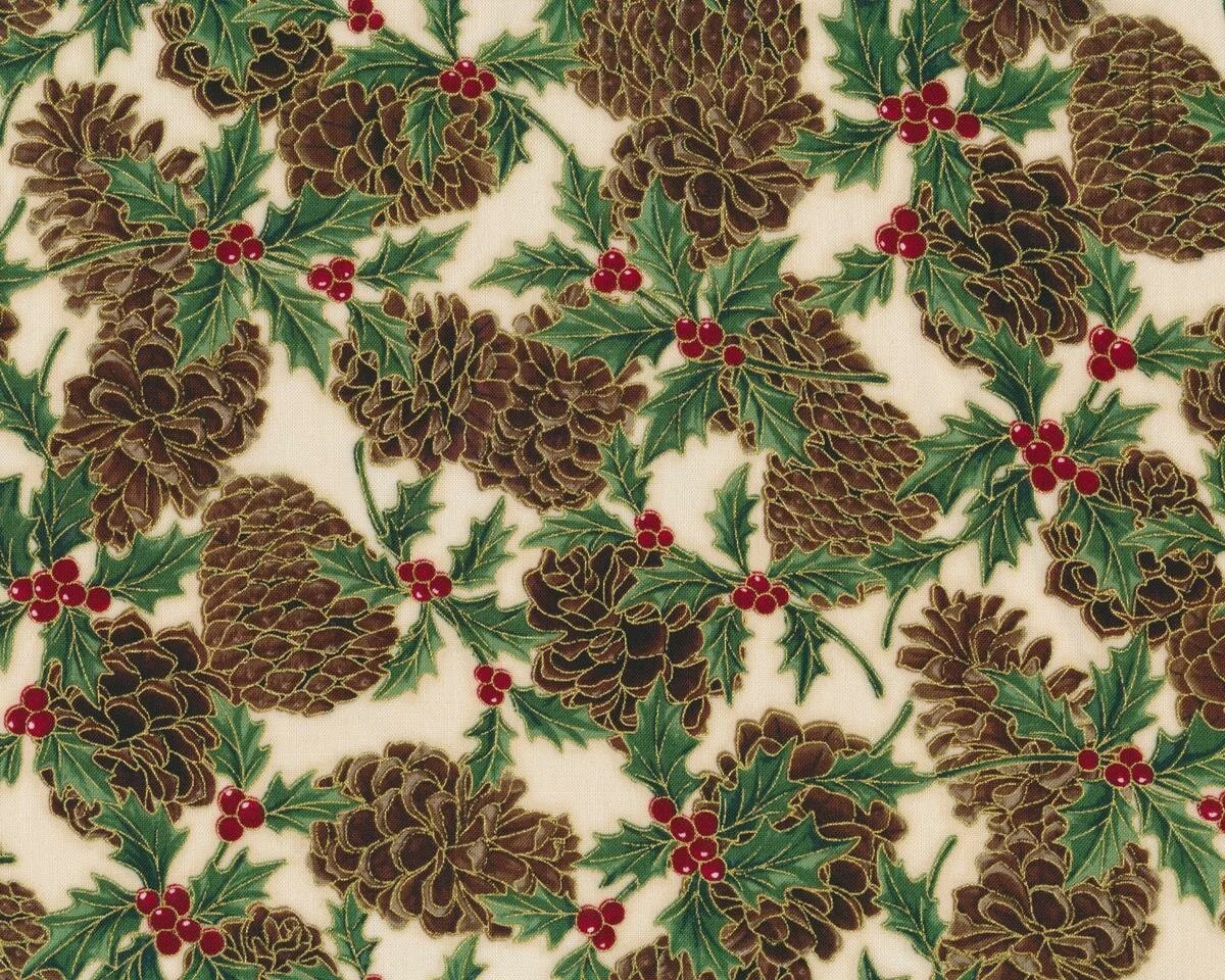 Metallic-Patchworkstoff BERRIES AND BLOOMS, Zapfen und Ilex, creme-dunkelbraun-gold