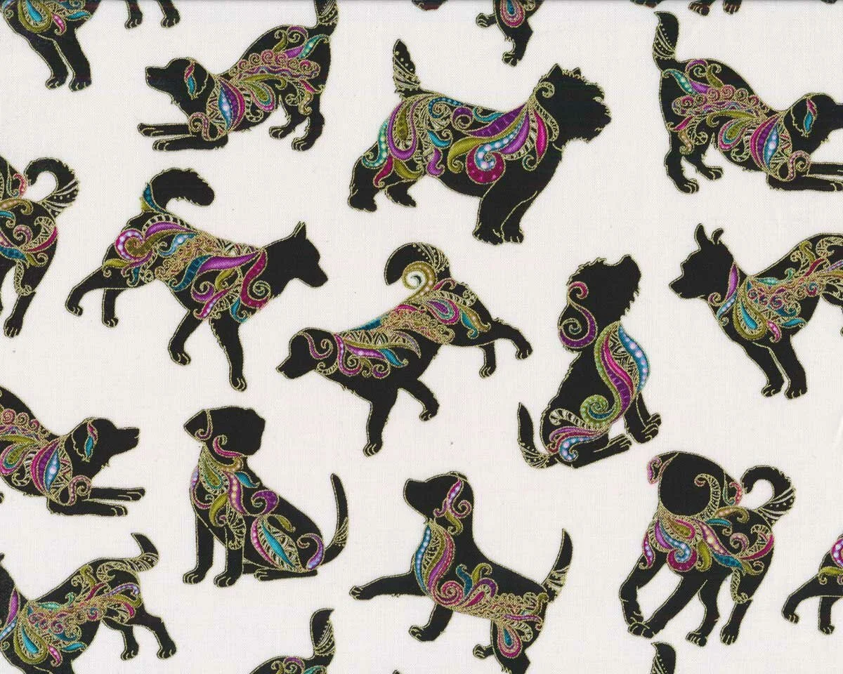 Metallic-Patchworkstoff DOG ON IT, Hunde, weiß-gold, Ann Lauer