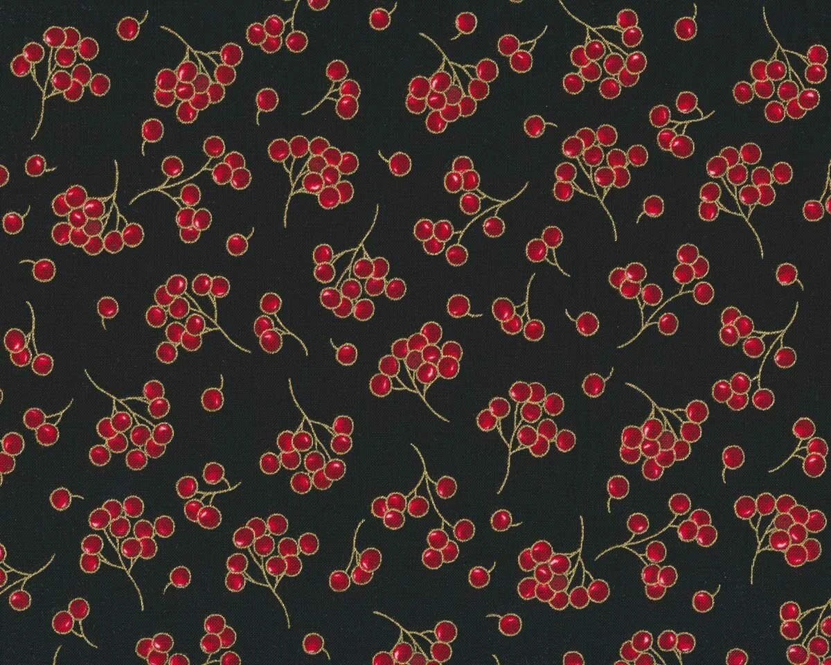 Metallic-Patchworkstoff HOLIDAY FLOURISH, Beerenzweige, schwarz-gold, Robert Kaufman