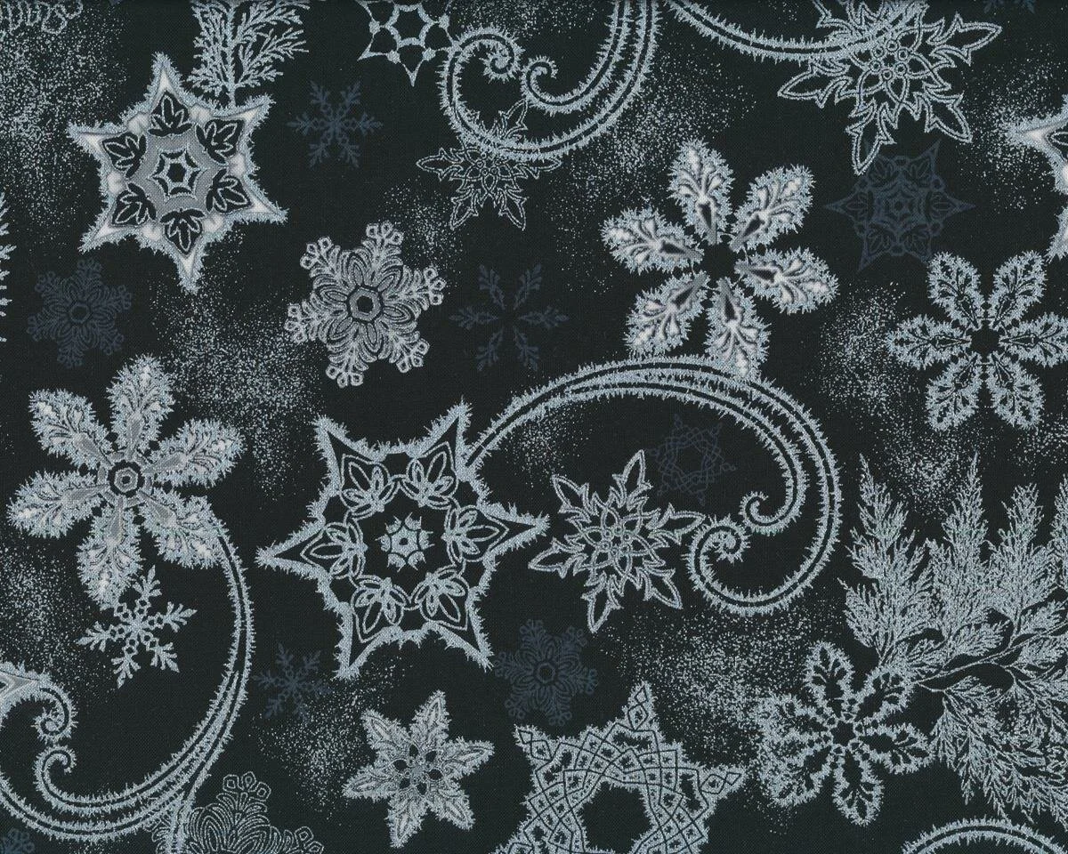 Metallic-Patchworkstoff HOLIDAY FLOURISH, Eiskristall-Zauber, schwarz-silber metallic