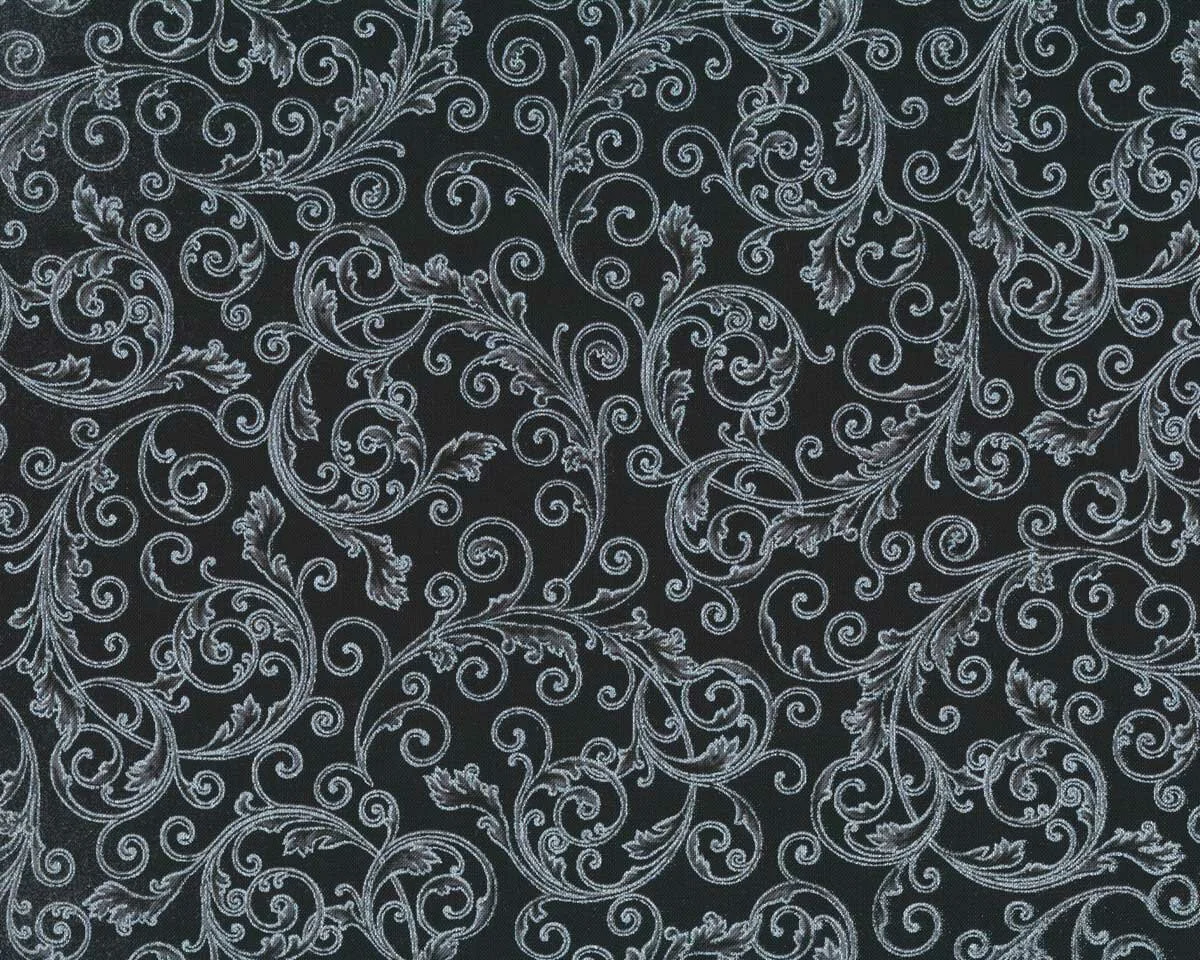 Metallic-Patchworkstoff HOLIDAY FLOURISH, Ranken, schwarz-silber, Robert Kaufman