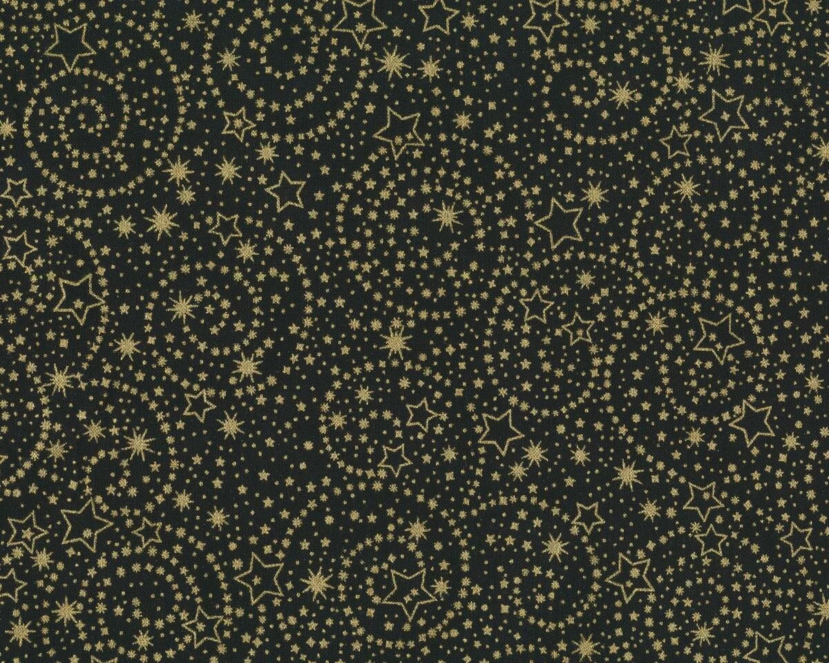 Metallic-Patchworkstoff HOLIDAY FLOURISH, Stern-Kringel, schwarz-gold metallic