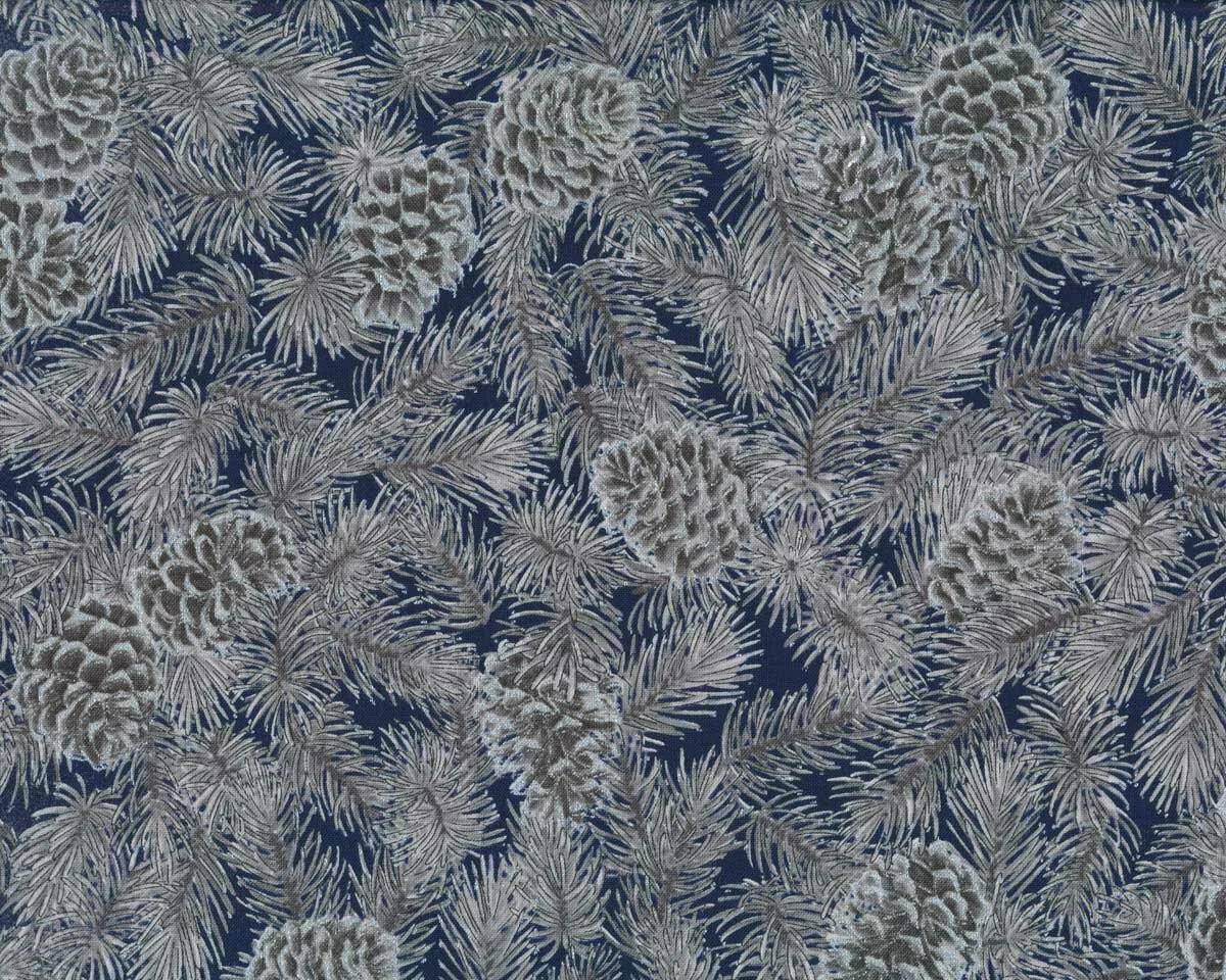 Metallic-Patchworkstoff HOLIDAY FLOURISH, Zapfen, dunkelblau-grau, Robert Kaufman
