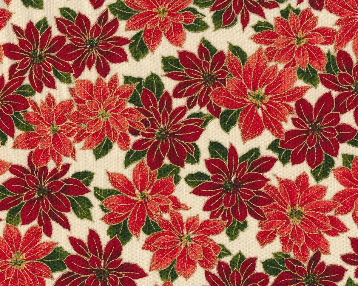 Metallic-Patchworkstoff HOLLY NIGHT METALLIC, Weihnachtsstern, dunkelrot-helles beige-gold, Moda Fabrics