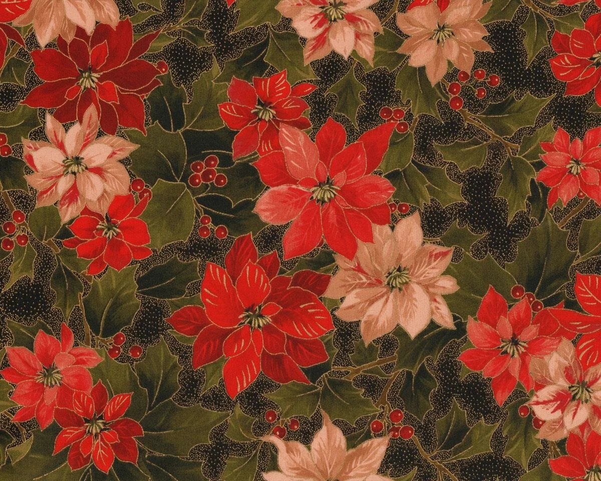 Metallic-Patchworkstoff HOLLY NIGHT METALLIC, Weihnachtsstern und Ilex, dunkelrot-schwarz-gold, Moda Fabrics