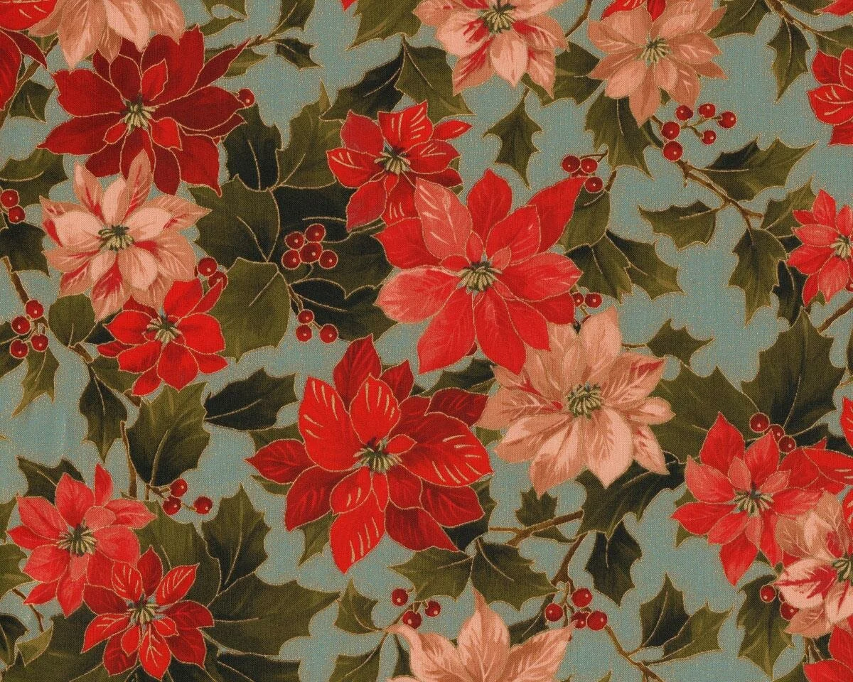 Metallic-Patchworkstoff HOLLY NIGHT METALLIC, Weihnachtsstern und Ilex, dunkelrot-stumpfes türkis-gold, Moda Fabrics