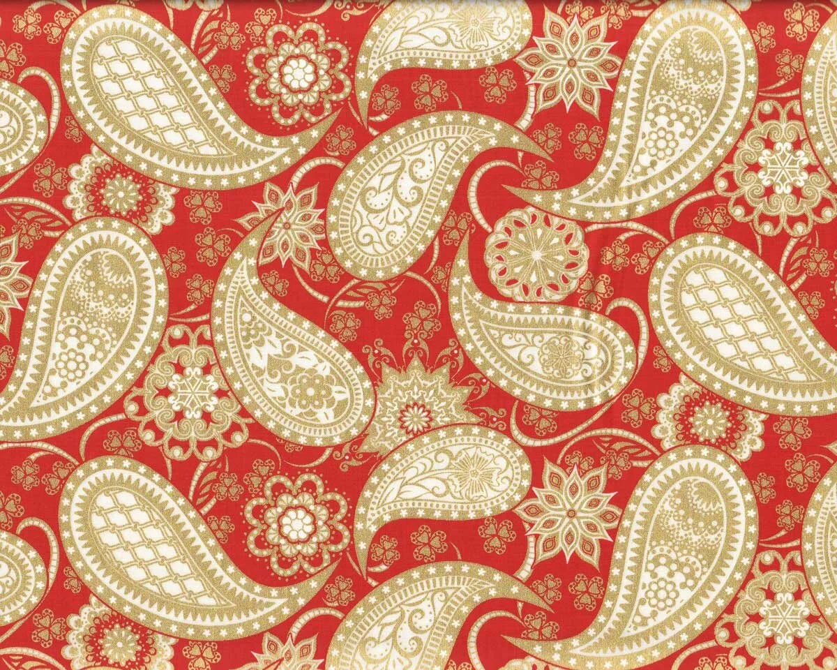 Metallic-Patchworkstoff JUBILEE, Paisleys, rot-gold