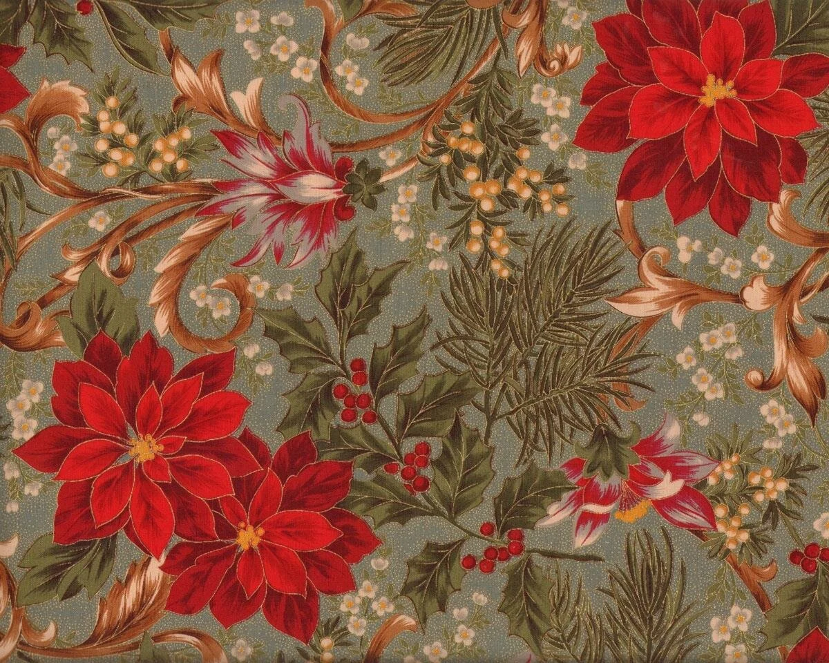Metallic-Patchworkstoff LET IT GLOW, große Weihnachtsstern-Blüten und Ilex, grüngrau-dunkelrot-gold, Moda Fabrics