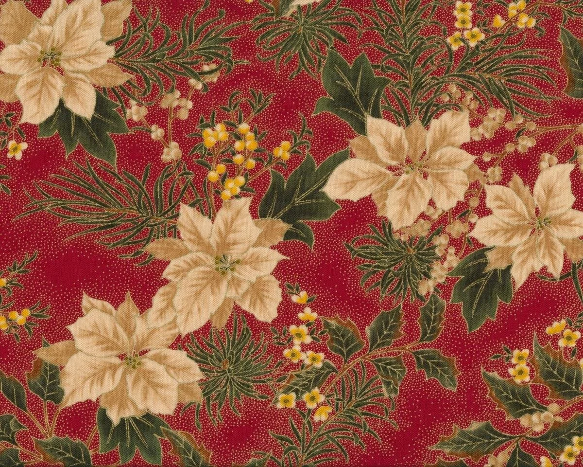 Metallic-Patchworkstoff LET IT GLOW, Weihnachtsstern und Ilex, dunkelrot-beige-gold, Moda Fabrics