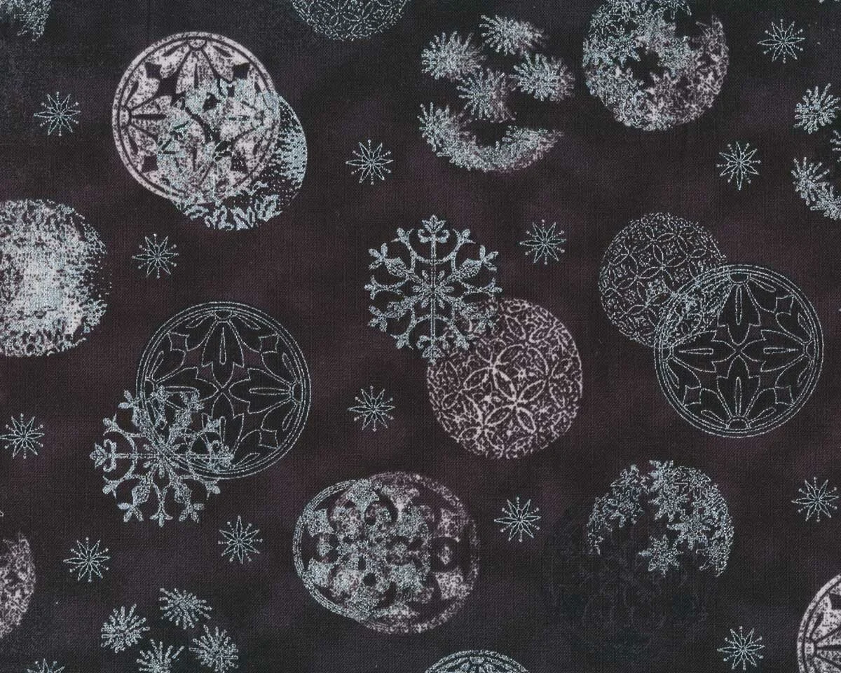 Metallic-Patchworkstoff MAGIC CHRISTMAS, Weihnachtskugeln, anthrazit-silber metallic