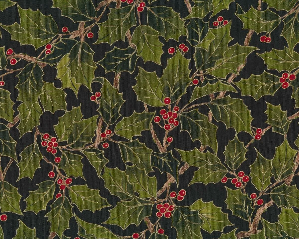 Metallic-Patchworkstoff MAGNOLIA METALLICS, Ilex-Blätter, schwarz-olivgrün, Moda Fabrics