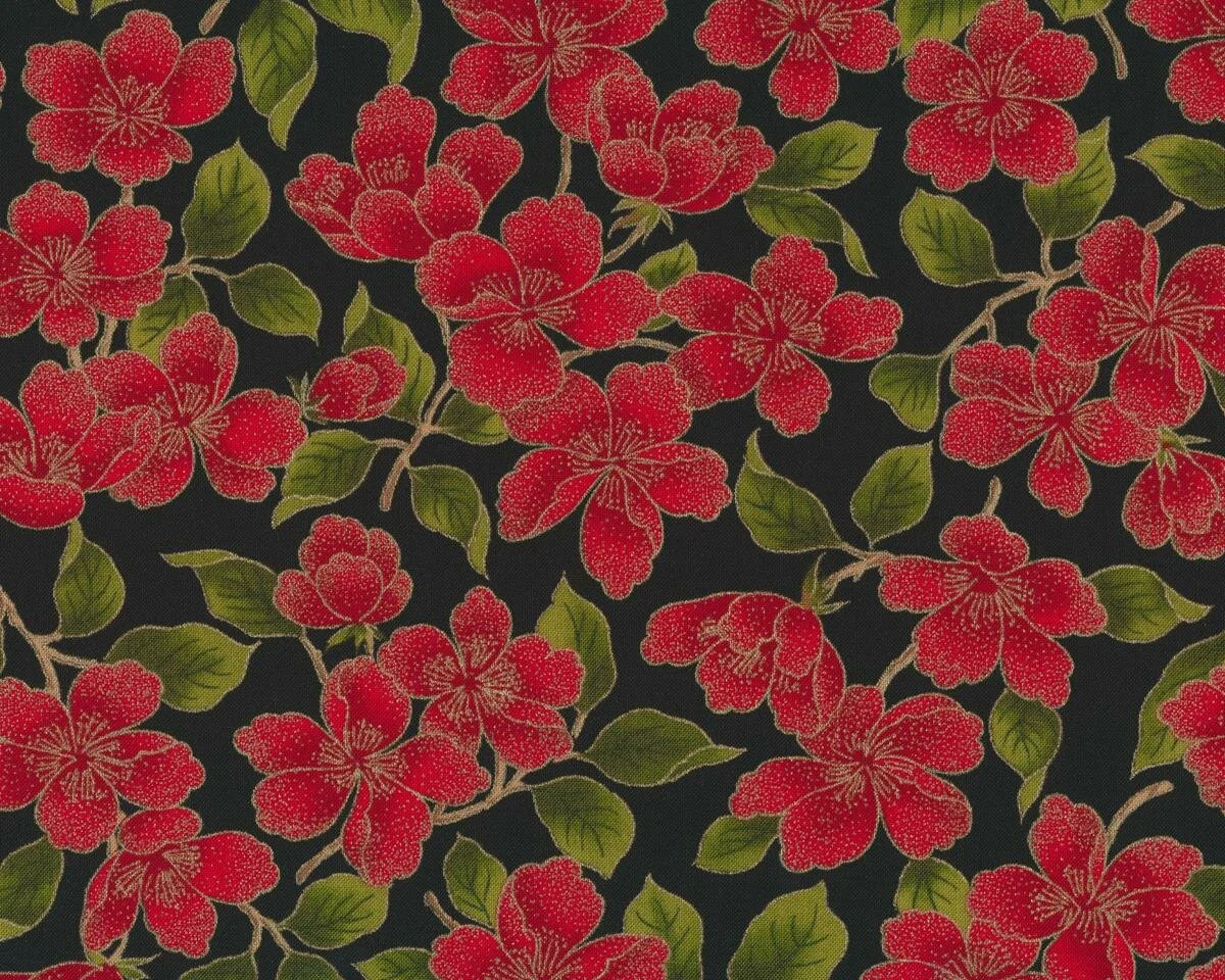 Metallic-Patchworkstoff MAGNOLIA METALLICS, Kirschzweige, dunkelrot-schwarz, Moda Fabrics