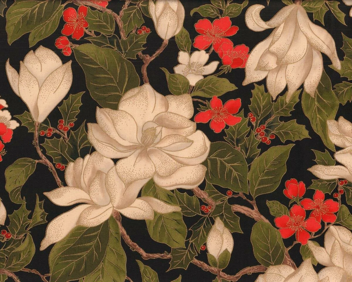 Metallic-Patchworkstoff MAGNOLIA METALLICS, Magnolien-Blüten, schwarz-natur, Moda Fabrics