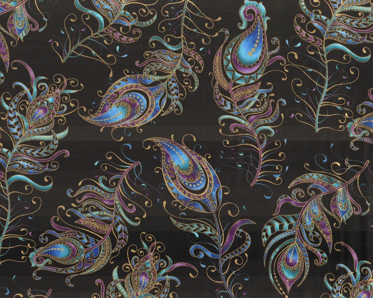 Metallic-Patchworkstoff PEACOCK FLOURISH, flliegende Pfauenfedern, schwarz, Ann Lauer