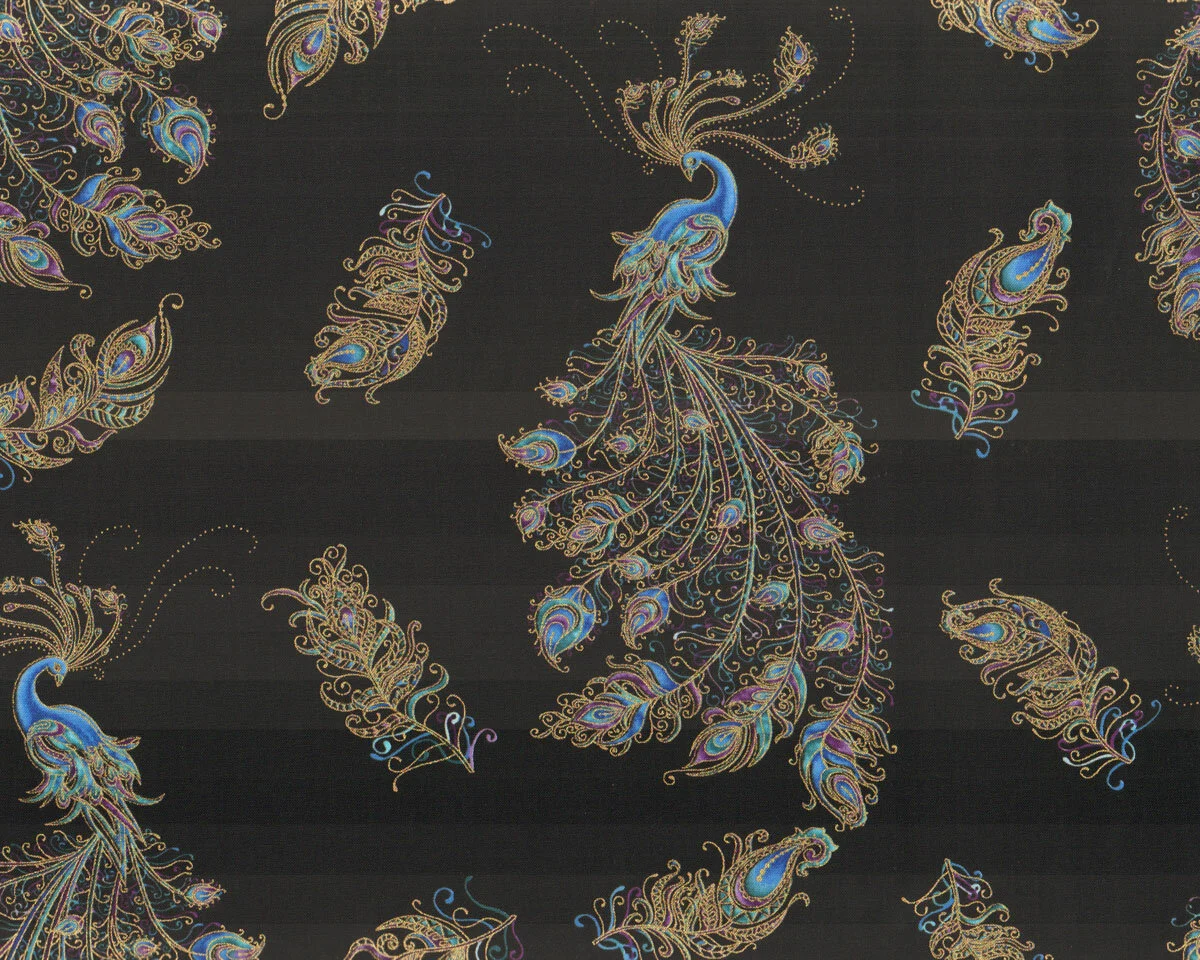 Metallic-Patchworkstoff PEACOCK FLOURISH, Pfaue, schwarz, Ann Lauer