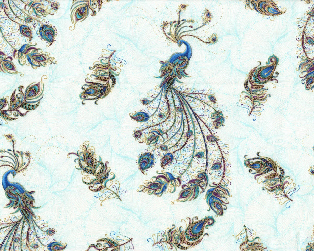 Metallic-Patchworkstoff PEACOCK FLOURISH, Pfaue, weiß, Ann Lauer