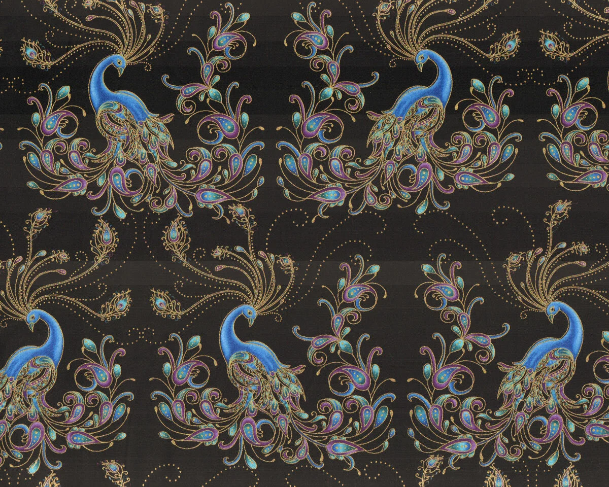 Metallic-Patchworkstoff PEACOCK FLOURISH, Pfauen-Paare, schwarz, Ann Lauer