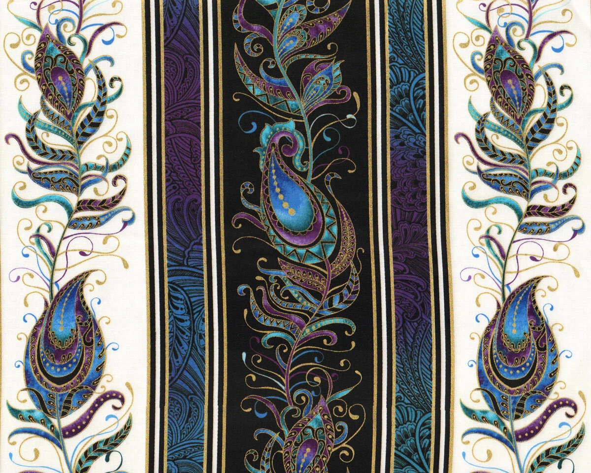 Metallic-Patchworkstoff PEACOCK FLOURISH, Pfauenfeder-Bordüren, Ann Lauer
