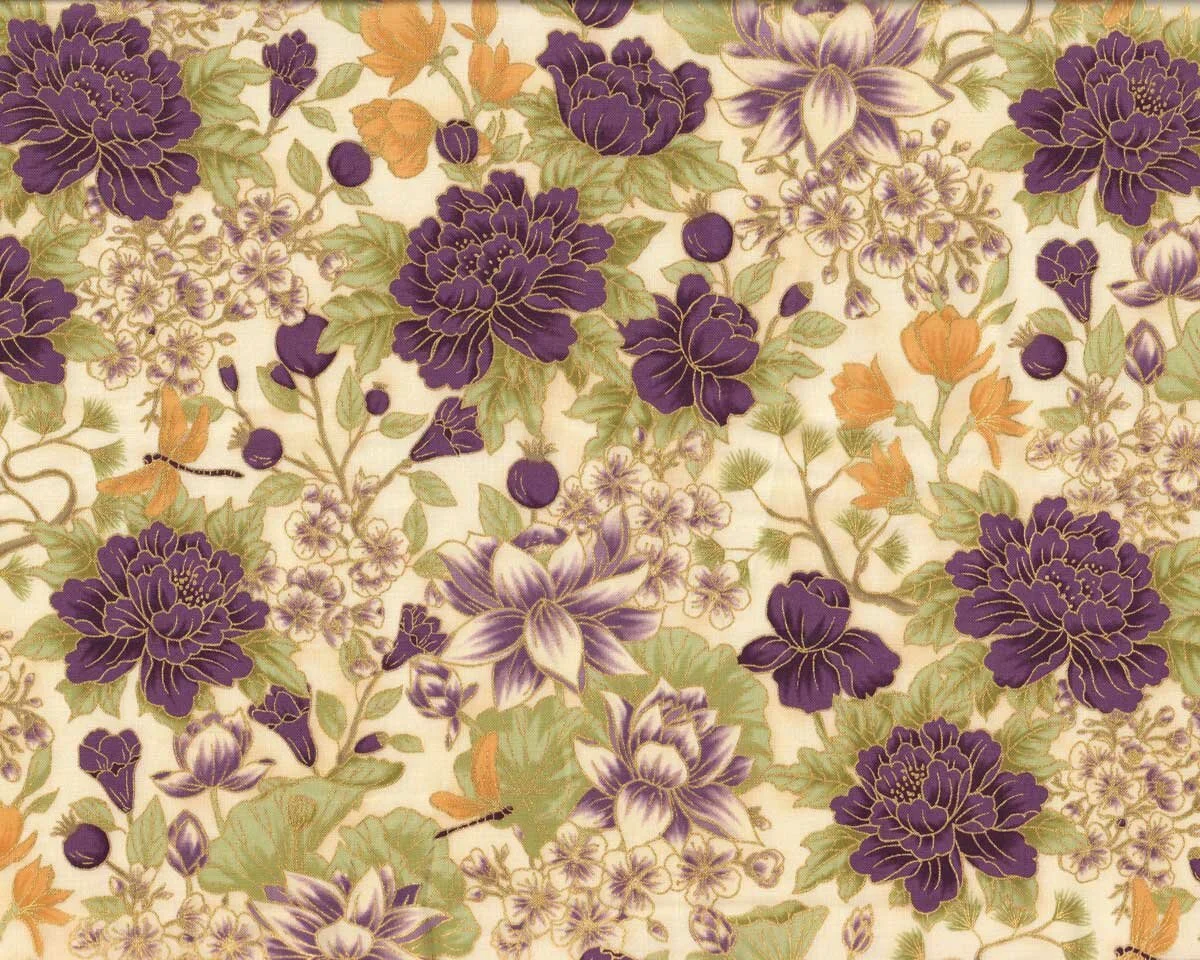 Metallic-Patchworkstoff SUMMER PALACE, Blumen, creme-lila, Leesa Chandler