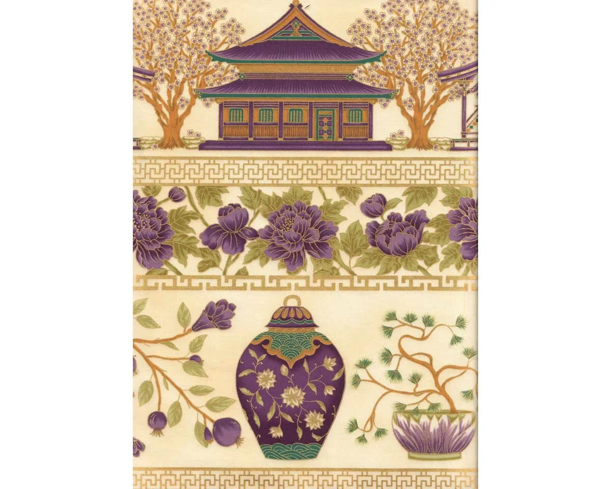 Metallic-Patchworkstoff SUMMER PALACE, Kaiserpalast-Bordüre, creme, Leesa Chandler
