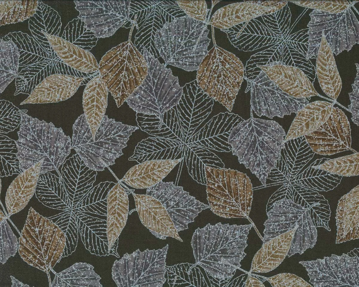 Metallic-Patchworkstoff WILDWOOD GRACE, Blätter, anthrazit-silber, Robert Kaufman