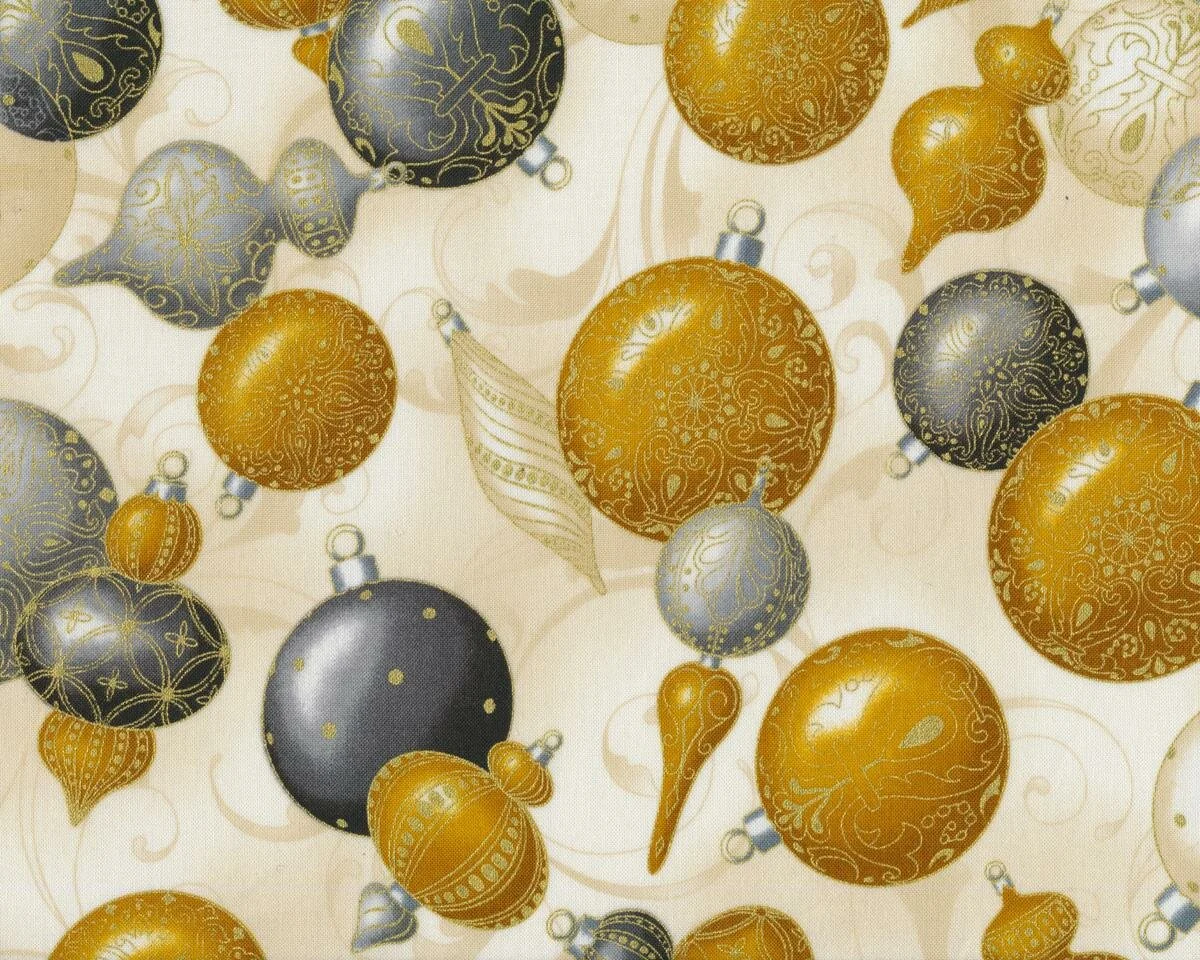 Metallic-Patchworkstoff WINTER'S GRANDEUR, Christbaumkugeln, goldbraun-grau-gold metallic