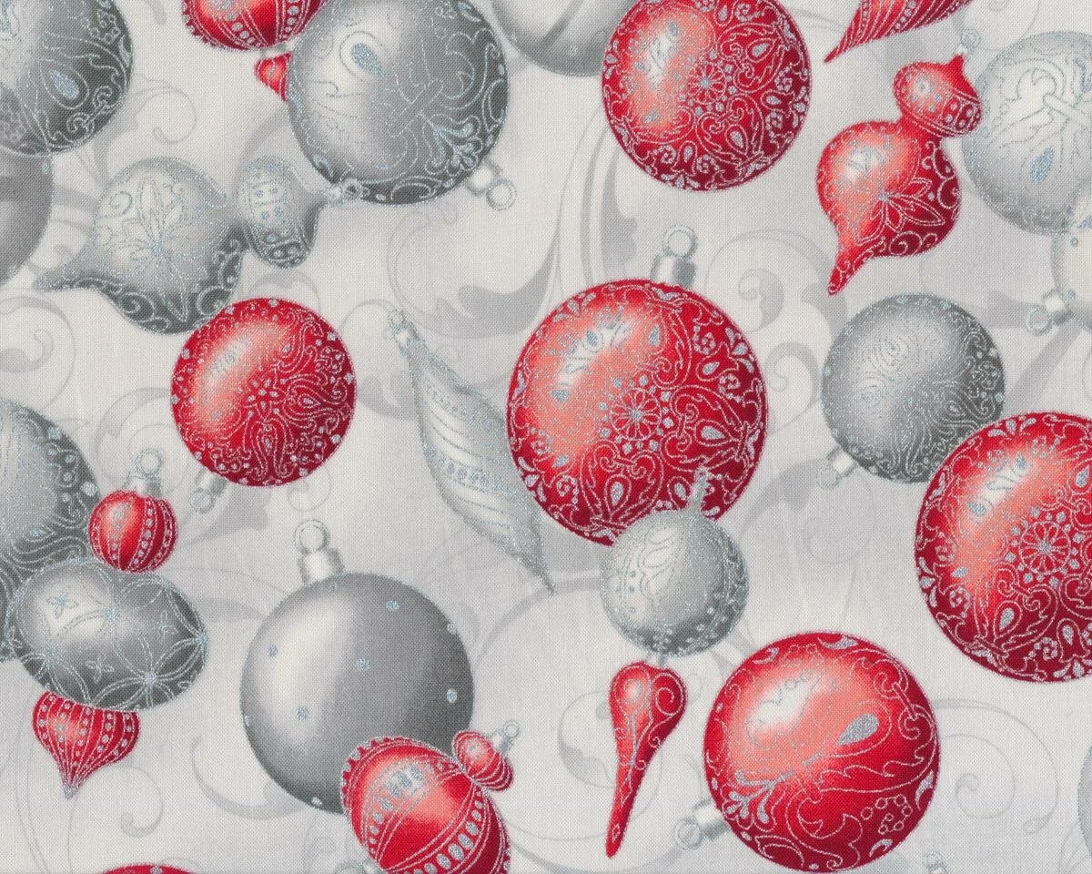 Metallic-Patchworkstoff WINTER'S GRANDEUR, Christbaumkugeln, rot-grau-silber metallic