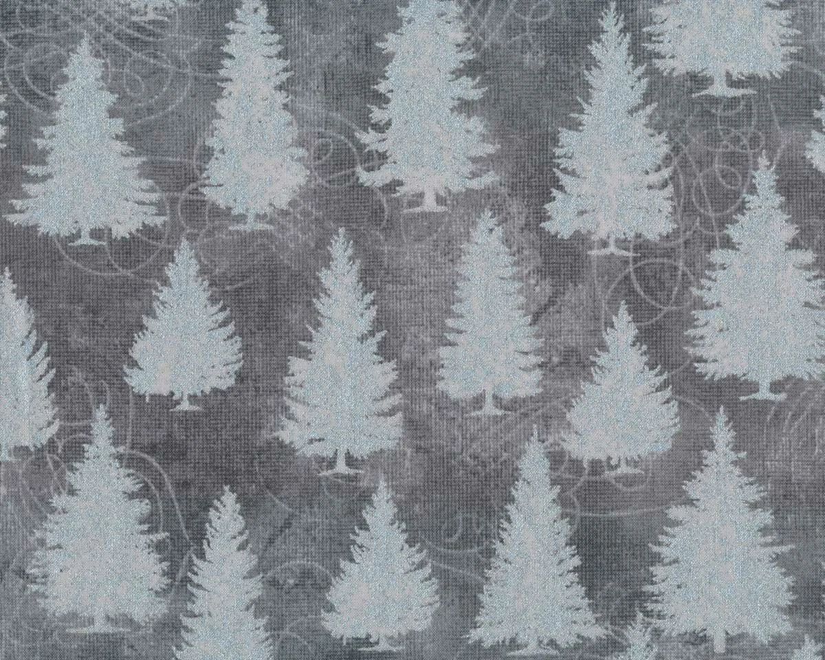 Metallic-Patchworkstoff WINTER'S GRANDEUR, Tannenbäume, grau-silber, Robert Kaufman