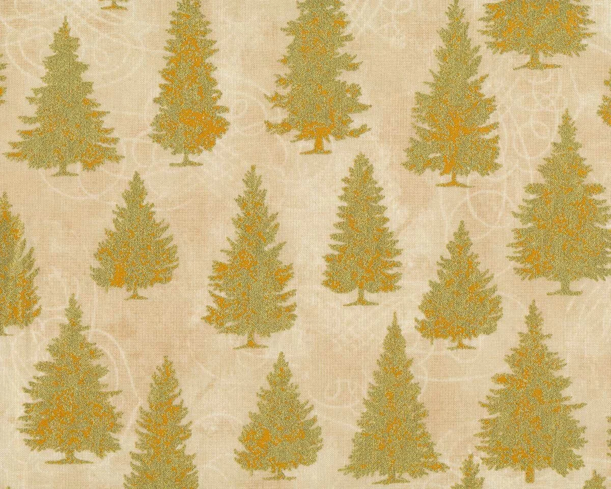 Metallic-Patchworkstoff WINTER'S GRANDEUR, Tannenbäume, hellbeige-gold, Robert Kaufman