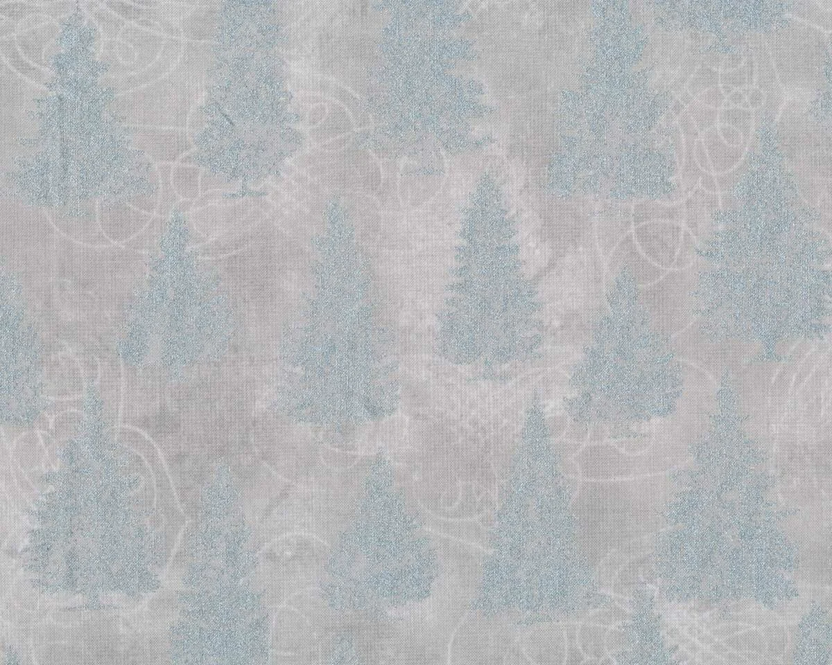 Metallic-Patchworkstoff WINTER'S GRANDEUR, Tannenbäume, hellgrau-silber, Robert Kaufman