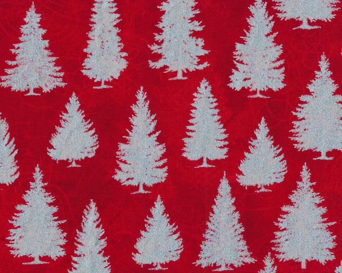 Metallic-Patchworkstoff WINTER'S GRANDEUR, Tannenbäume, rot-silber, Robert Kaufman