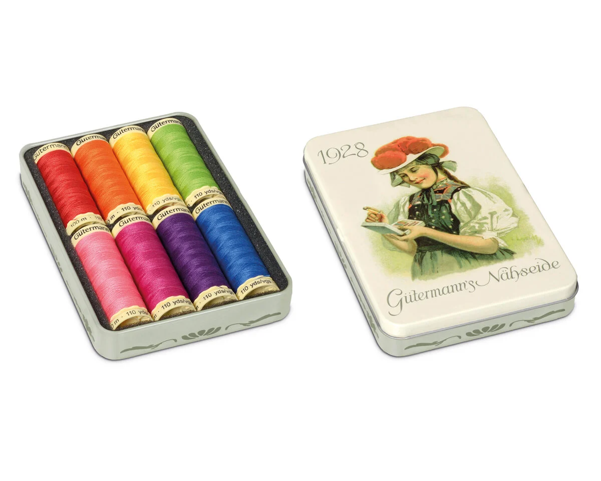 Nostalgie-Blechdose Nähfaden Allesnäher, 8 bunte Farben, Gütermann