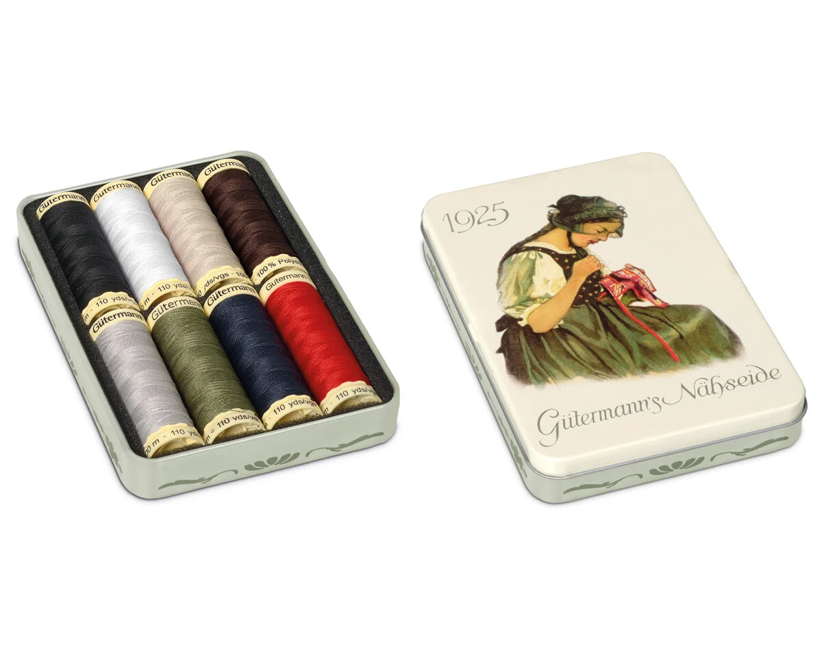 Nostalgie-Blechdose Nähfaden Allesnäher, 8 klassische Farben, Gütermann