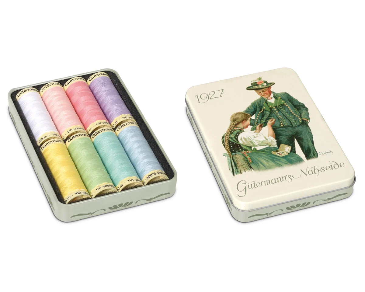 Nostalgie-Blechdose Nähfaden Allesnäher, 8 Pastellfarben, Gütermann