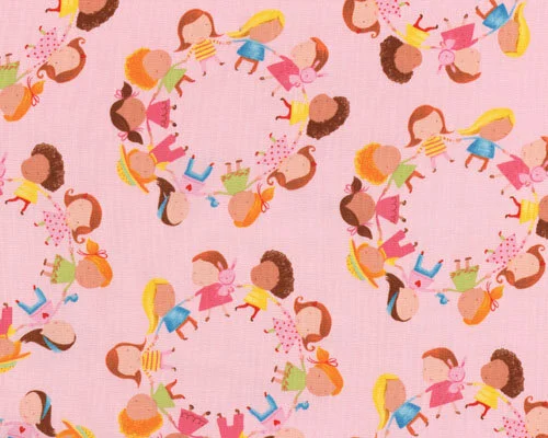 Patchworkserie "Hopscotch" mit Mädchen im Freundschaftskreis, rosa