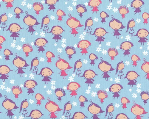 Patchworkserie "Hopscotch" mit Mädchen und Blüten, hellblau