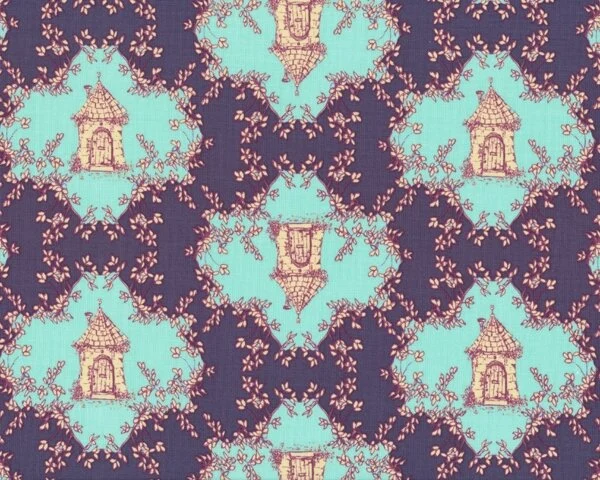Patchworkserie "Opal Owl" mit Turmhäuschen und Ranken-Raute, lila-hellblau