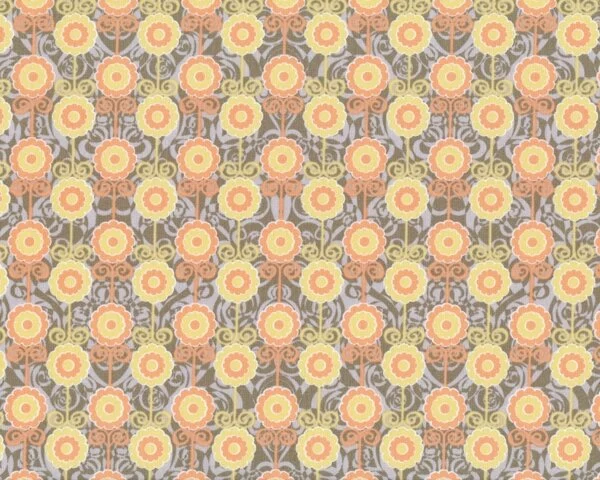 Patchworkserie "Wild World", kleine Blumen mit Stiel-Spiralen, pastellgelb-aprikot