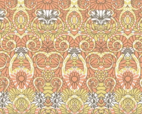 Patchworkserie "Wild World" mit geschwungen Ornamenten, aprikot-pastellgelb