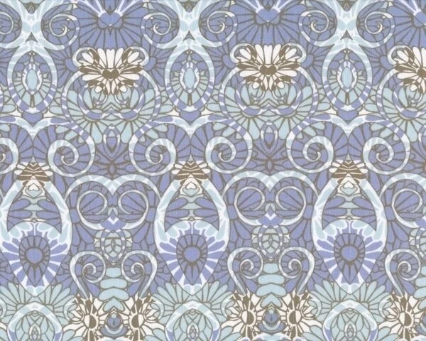Patchworkserie "Wild World" mit geschwungen Ornamenten, taubenblau-hellblau