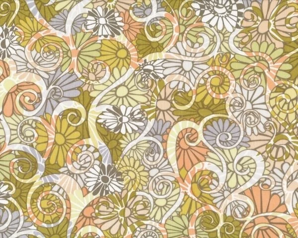 Patchworkserie "Wild World" mit quirligen Blüten, helles moosgrün-aprikot