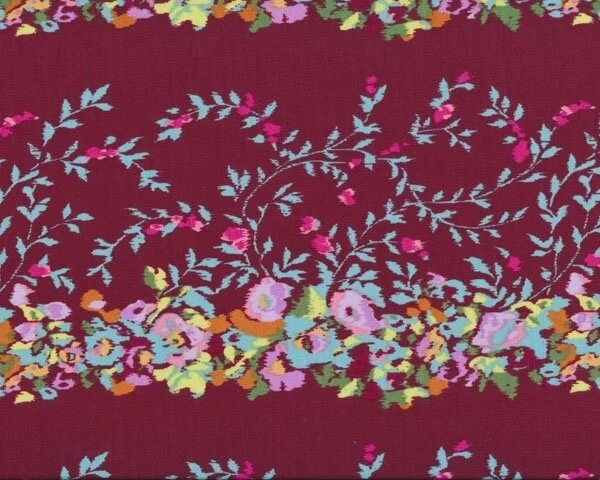 Patchworkstoff "Alchemy" mit Blüten-Streifen, aubergine-hellblau-rosa