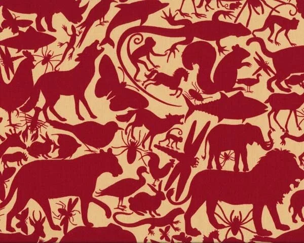 Patchworkstoff "Animal Kingdom" mit allerlei Tieren im Scherenschnitt, stumpfes dunkelrot-beige