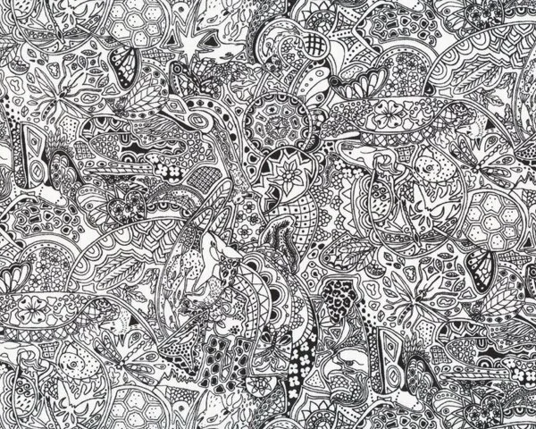 Patchworkstoff "Animal Spirits", Zentanglemuster mit Tieren, schwarz-weiß