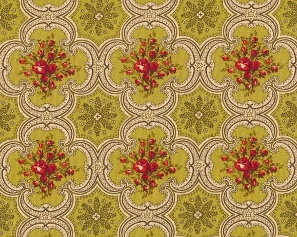 Patchworkstoff ANNA BELLA mit Rosen-Medaillons, gedecktes limette-rot