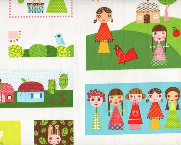 Patchworkstoff "Appleville" mit lustigen Retro-Comic-Figuren mit Tieren in Landschaft, apfelgrün-fuchisa
