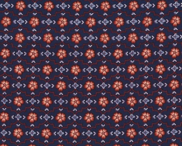 Patchworkstoff ARTISAN mit ornamentalem Blütengrund, dunkelblau-rotbraun