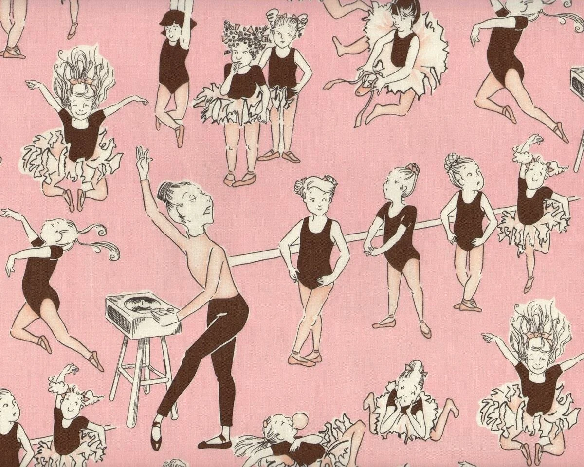 Patchworkstoff BALLET CLASS, junge Ballerinas beim Tanzunterricht, rosa-dunkelbraun