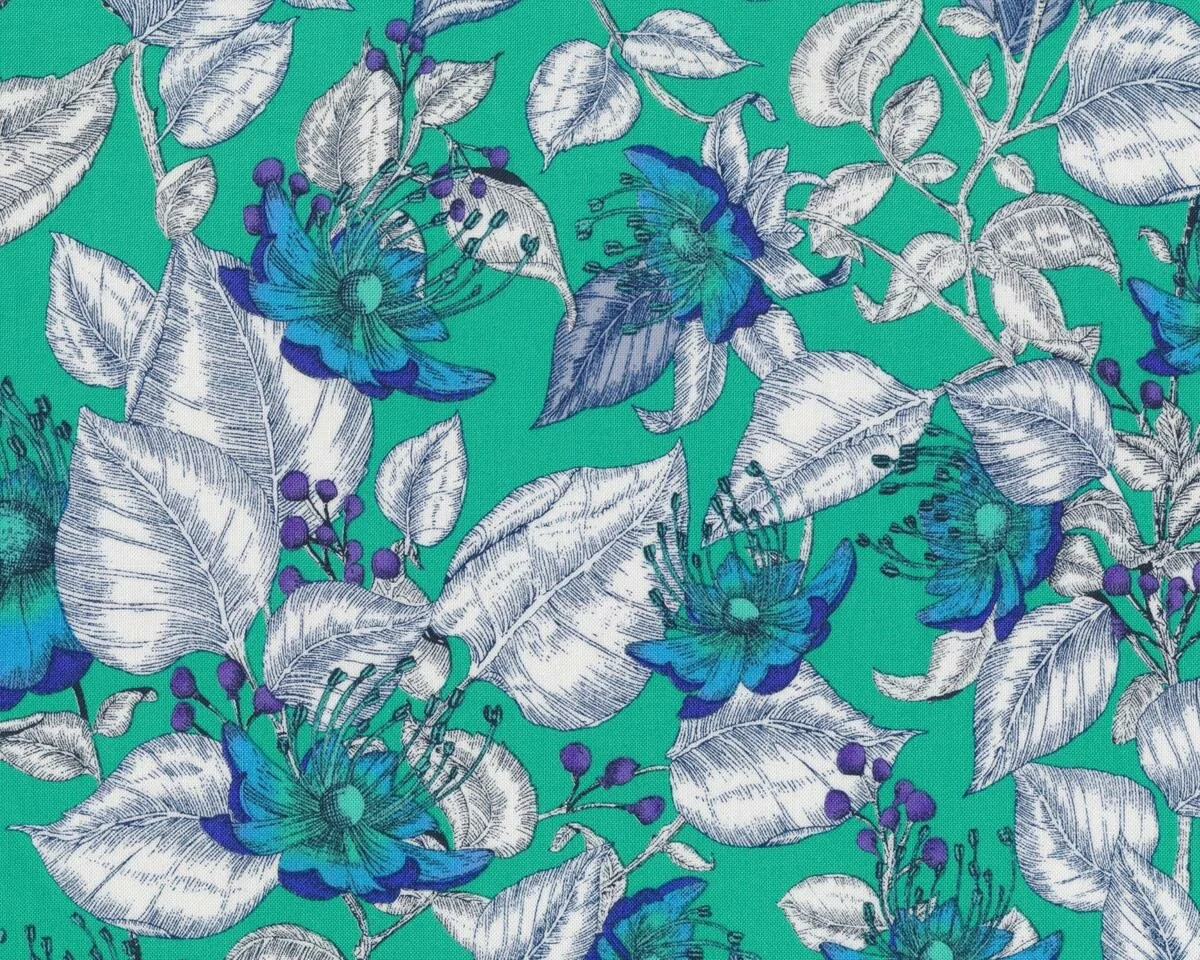 Patchworkstoff BAROQUE GARDEN, Skizzenblätter und Blüten, jadegrün-gebrochenes weiß
